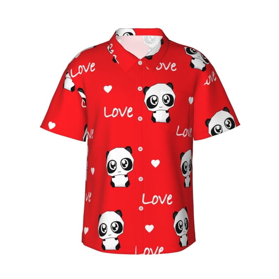 Panda And Love On Valentine'S Day Hawaiian Shirts For Men, Summer Short-Sleeve Relaxed-Fit Button-Down Shirts Large