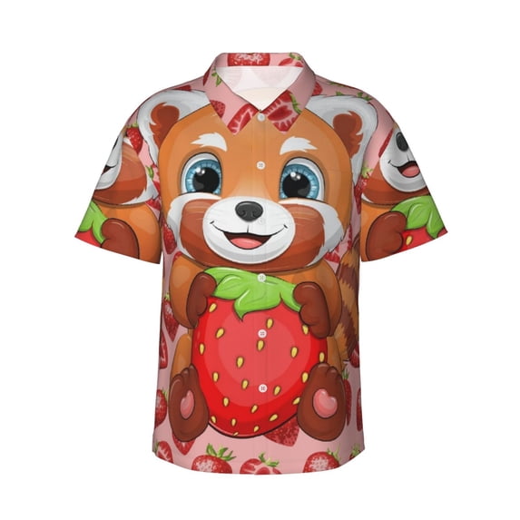 Panda And Strawberry Hawaiian Shirts For Men, Summer Short-Sleeve Relaxed-Fit Button-Down Shirts Small