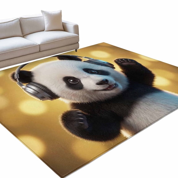 Panda Area Rug, Abstract Headphone Panda Shiny Light Background Non-Slip Felt Rubber Backing Rectangle Indoor Carpet Washable Rugs for Living Room Bedroom 9x12