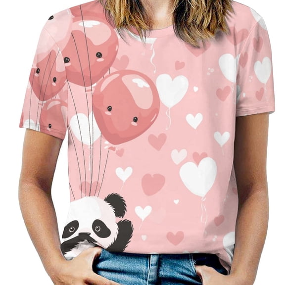 Panda Balloons Hearts Pink Women's Short Sleeve T-Shirt Crew Neck Casual Summer Trendy Loose Fit Tops