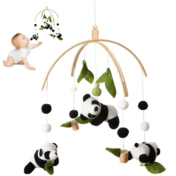 Panda Bamboo Crib Mobile Baby Rotating Wind Chime, Plush Soothing Hanging Cot Toy for Newborns
