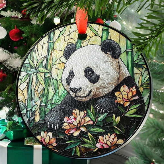 Panda in Bamboo Forest Stained Glass Suncatcher, Adorable Panda with Blossoming Flowers Window Hanging, Nature Decor, Free Custom Keychain, Stained Glass Ornament 2025, Holiday
