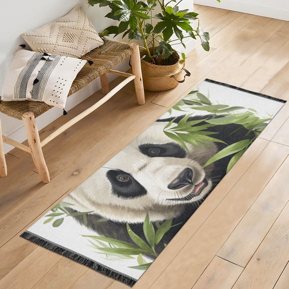 Panda Bamboo Leaves White Runner Rug Machine Washable Area Rugs Carpet Non Slip Entryway Mat for Bedroom Entryway Front Door