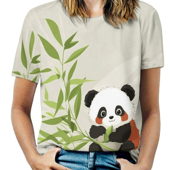 Panda Bamboo Leaves Womens Tops Women's Fashion Casual Short Sleeve Flower Print Round Neck Pullover Top Blouse