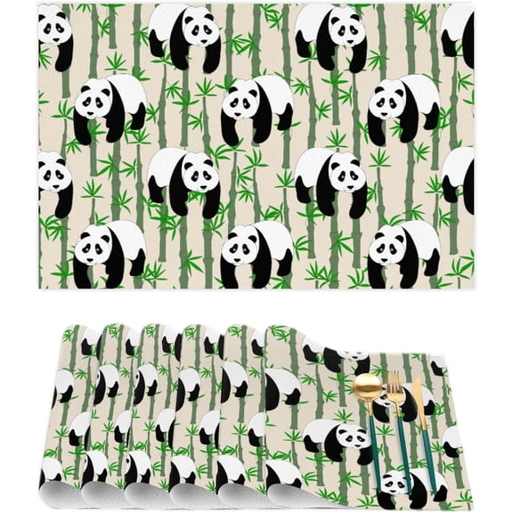 Panda Bamboo Lovely Placemats Set of 6, Heat Resistant Non Slip Washable Dining Table Mat for Indoor Outdoor Holiday Party Coffee Table Runner Dining Decor