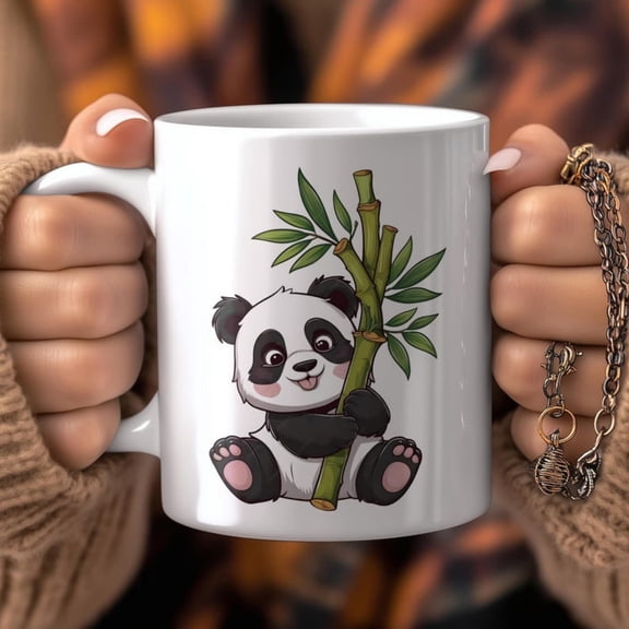 Panda Bamboo Mug Kawa Illustration 0ml Ceramic Coffee Mug Animal Lover Gift.