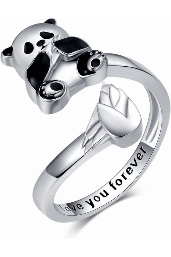 Panda Bamboo Open Ring for Women 925 Sterling Silver Adjustable Cute Panda Bear Ring Panda Jewelry for Women Panda Lovers Christmas Birthday Christmas Gifts (with Gift Box)