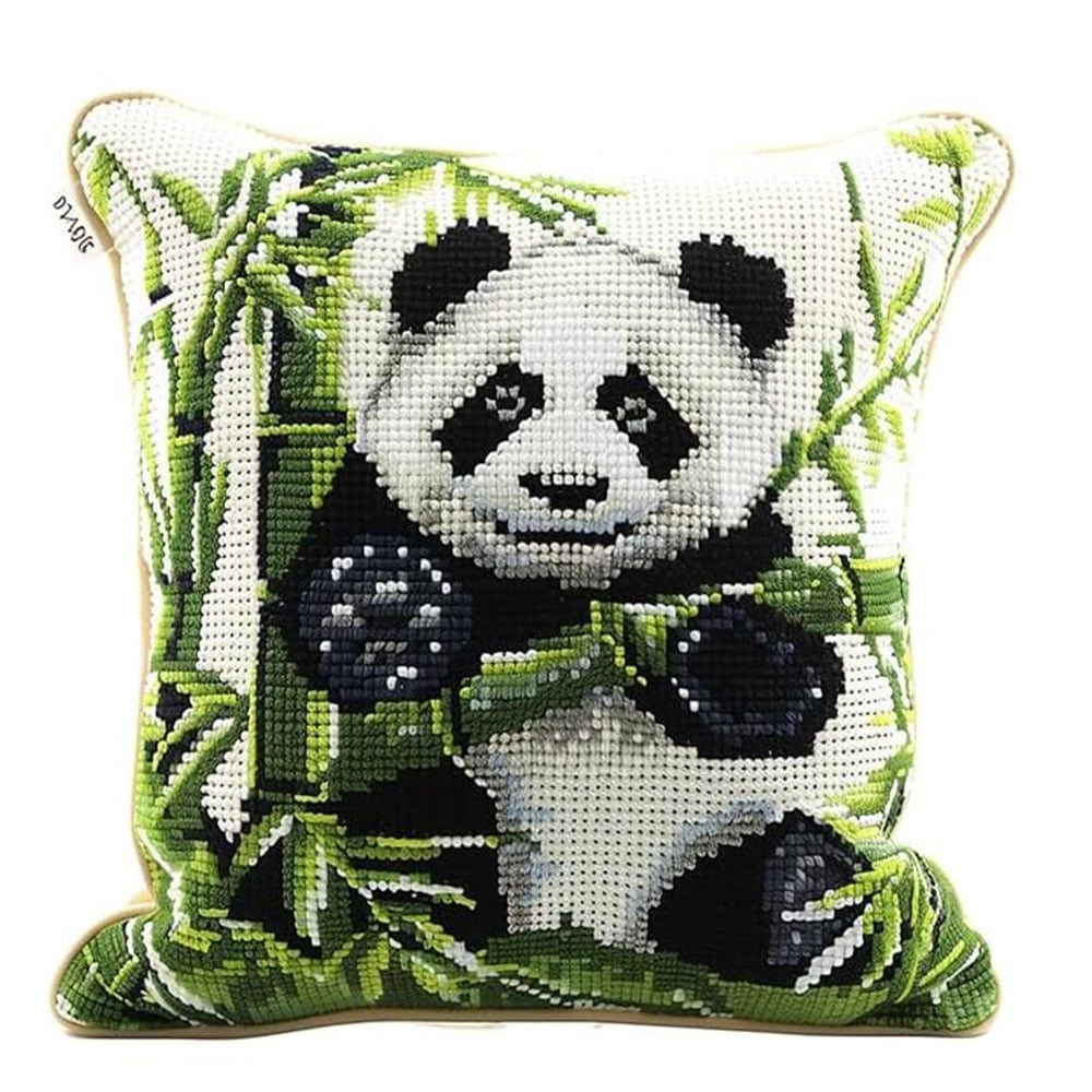 Panda and Bamboo Stamped Cross Stitch Pillow Kits,Cute Animals 11CT Cross Stitch Cushion Cover Embroidery Kit Needlepoint Handmade Cushion for Home Decor 17x17in