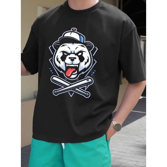 Panda Baseball Tee Christmas graphic t shirts funny t shirts men's 180G 100% Cotton black Everyday and weekend wear For summer Casual Daily Wear Spring and summer outdoor loungewear glitter Christma