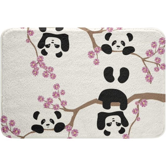 Panda Bath Mats, Cherry Blossoms Bathroom Rug Non Slip,Cute Animal Rugs