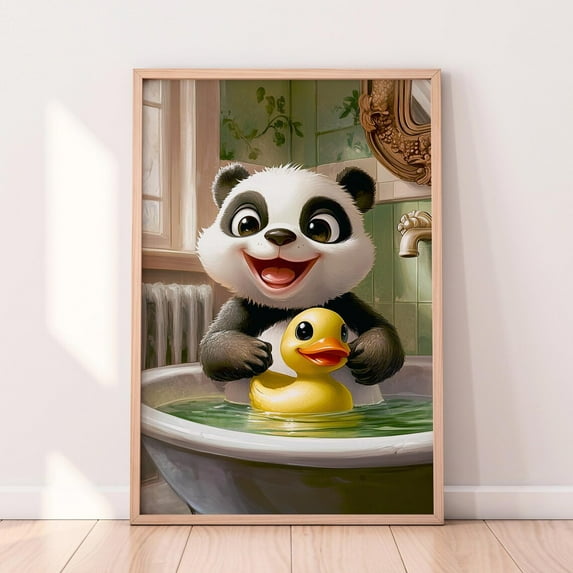 Panda Bathroom Wall Art – Playful Panda With Rubber Duck Print Wall Art, Modern Wall Decor, 8x12 UNFRAMED