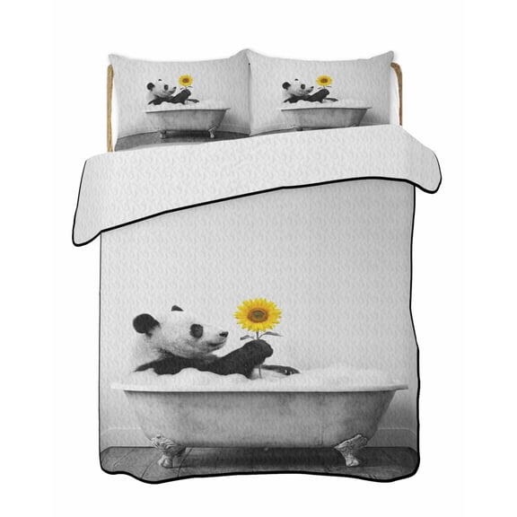 Panda Bathtub Quilts Bedding Set Twin Size Vintage Black White Panda Bathing Yellow Sunflower Lightweight Quilted Bedspread 3 Piece Bed Quilt with 2 Pillow Shams All Season for Bedroom 68" x 86"