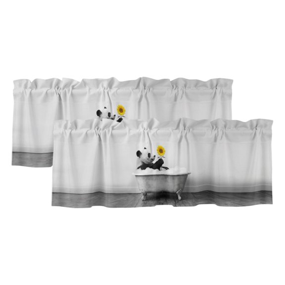 Panda Bathtub Valances for Window 2 Pack, Vintage Black White Panda Bathing Yellow Sunflower Rod Pocket Curtains Valances Light Filtering Short Curtains for Kitchen Bedroom Bathroom 42 x 12 Inch