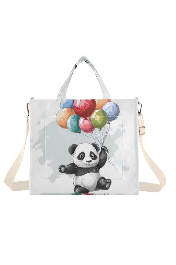 Panda Bear Balloons Corduroy Tote Bag Handbag Large Messenger Bag Shoulder Crossbody Zipper Bag Purse
