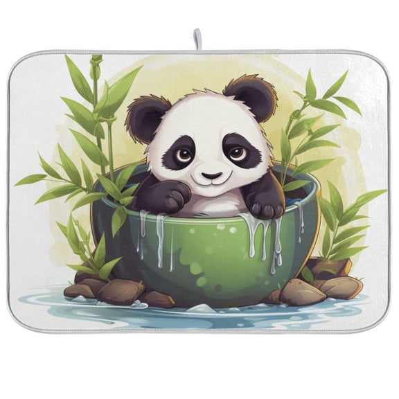 Panda Bear Bamboo Spa Dish Drying Mat Dish Drainer Rack Mats Water Absorbent Non-Slip Easy Clean Heat Resistant for Kitchen Counter