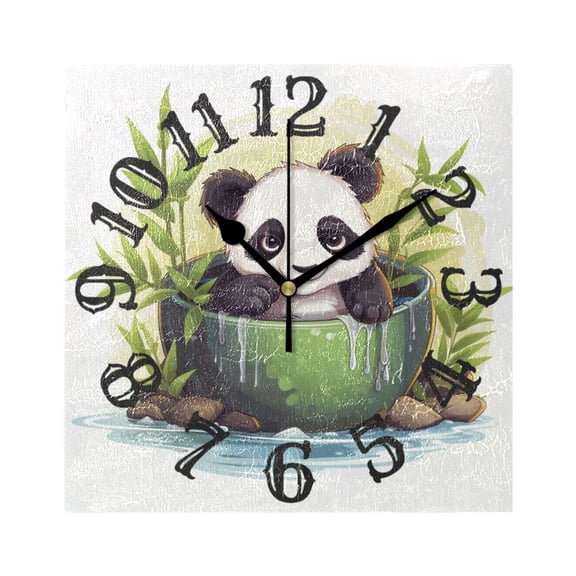Panda Bear Bamboo Spa Wall Clock Square Silent Non Ticking Battery Operated Clock for Home Bathroom Kitchen Bedroom Living Room