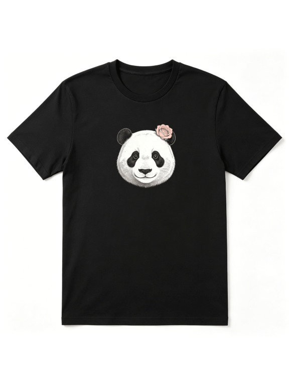 Panda Bear Face With Flower Retro Graphic Tee for Women, Playful Family Gift Cotton Short Sleeves T-Shirt