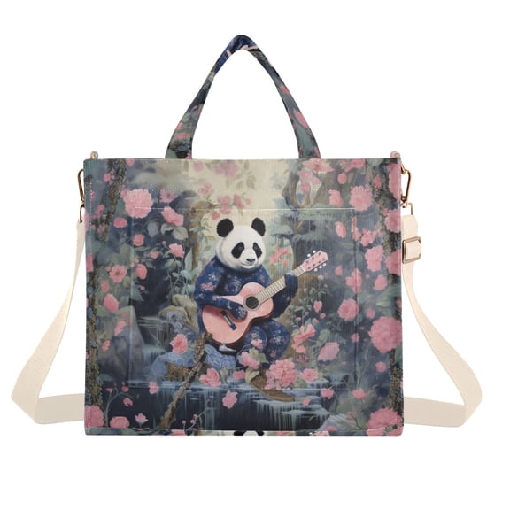 Panda Bear Flowers Floral Guita Corduroy Tote Bag Handbag Large Messenger Bag Shoulder Crossbody Zipper Bag Purse