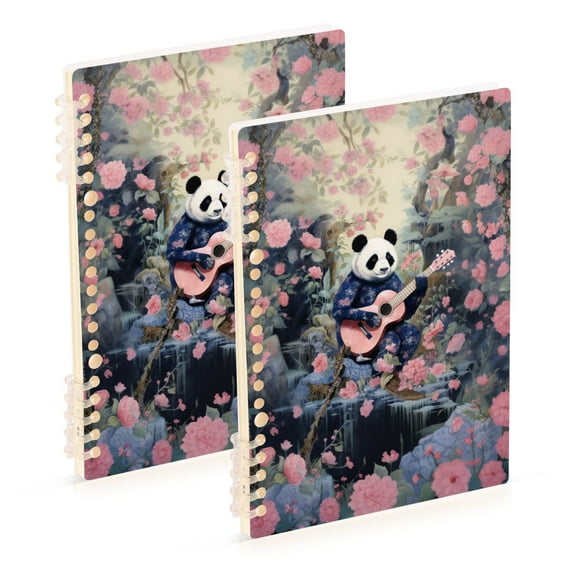 Panda Bear Flowers Floral Guita Ring Binder Notebook Journey Note Diary College Ruled Spiral Notebook Study Loose Leaf Paper A5 60 Pages