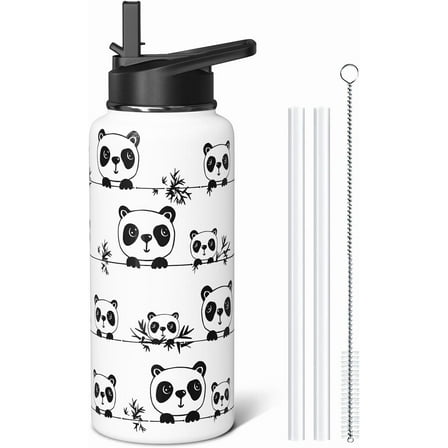 Panda Themed 32oz Water Bottle for Adults, Stainless Steel Leakproof Sport & Gym Water Bottle with Flip Straw and Spout Lid, Cute Gift Idea (1 PC)