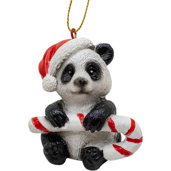 Panda Bear Holding Candy Cane Wearing Santa Hat Christmas Tree Ornament