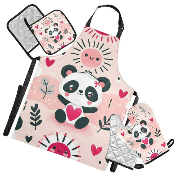 Panda Bear with Cute Sun 5 Pcs Kitchen Set Heat Resistant Oven Mitts and Non-Slip Pot Holders with Adjustable Cooking Apron