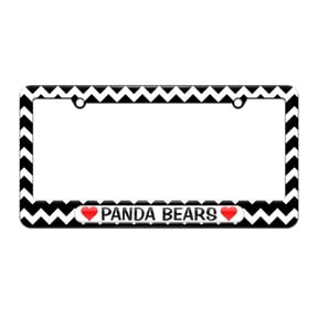 Panda Bears Love with Hearts - License Plate Tag Frame - Black Chevrons Design