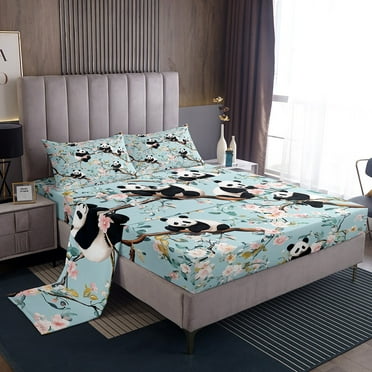 Panda Bed Sheets Set Pink Flowers Sheet Set Twin Teens Bedroom Decor,Tree Branches Sheets Cartoon Animals Flat Fitted Sheet,Blue