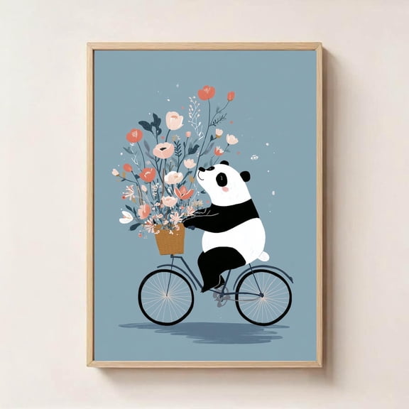 Panda Bicycle Nursery Art Playful Animal Print, Unframed Paper Poster 8x10in