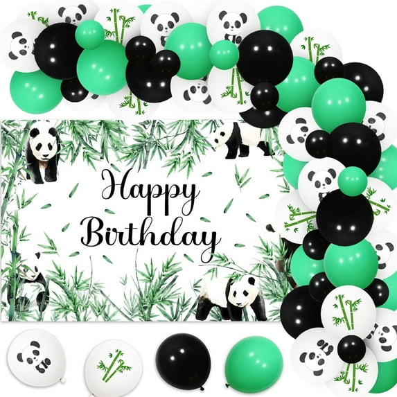 Panda Birthday Balloon Garland Kit Green Black for Boys Panda Themed Birthday Party Supplies with Panda Birthday Backdrop for Panda Birthday Party Supplies