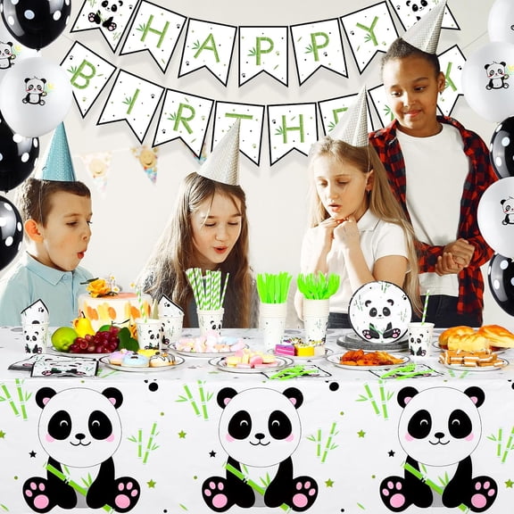 Panda Birthday Party Supplies Set for Boys - 200 Pieces Disposable Tableware with Balloons Banner and Decorations