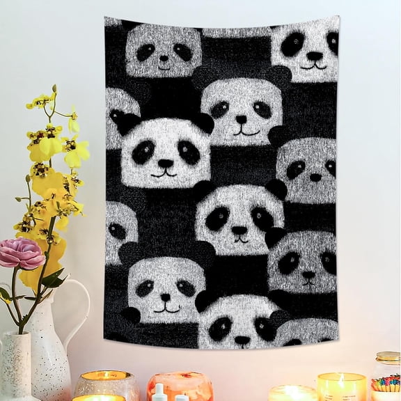 Panda Black White Tapestry, Cute Animal Decorative Wall Hanging, Cozy Tapestries Aesthetic for Bedroom, Living Room, 30x40 Inch