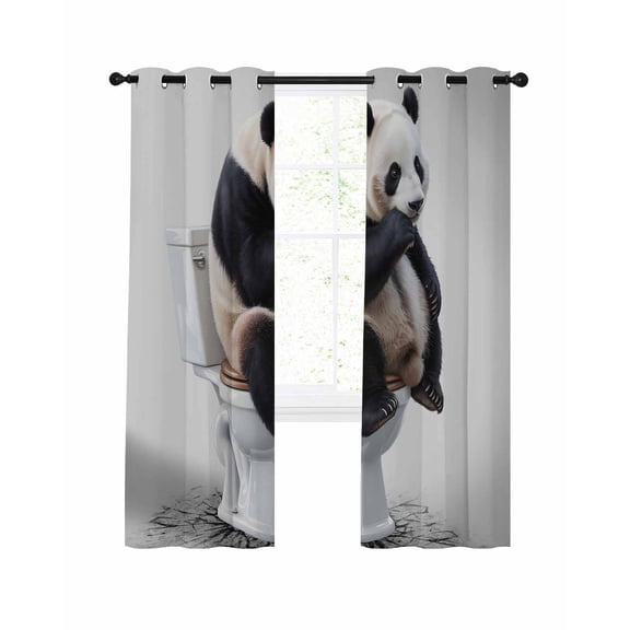 Panda Blackout Curtains, Light Blocking Print Window Curtains, Modern Animal Sit on Toilet Flowers Oil Painting Thermal Insulated Window Drapes for Living Room Kitchen Cafe 2 Panels, 84"W x 84"L