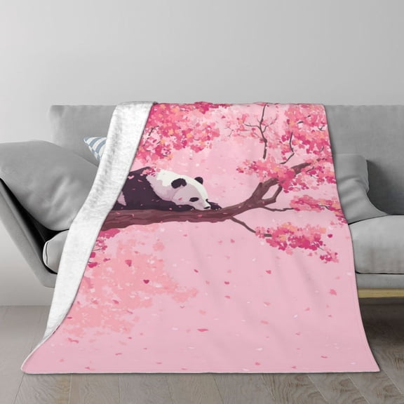 Panda Blanket Artistic Sakura Tree Panda Design, Decorative Cozy Flannel Throw For Sofa, Unique Botanical Wildlife Home Decor 50x40
