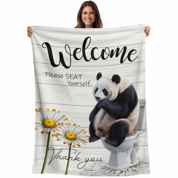 Panda Blanket Soft Cozy Warm Twin Blanket for Bed, Plush Fuzzy Flannel Fleece Blankets for Sofa, Country Animal Sit on Toilet Daisy Oil Painting Throw Blankets for Couch, Gifts for Men, 60"x80"