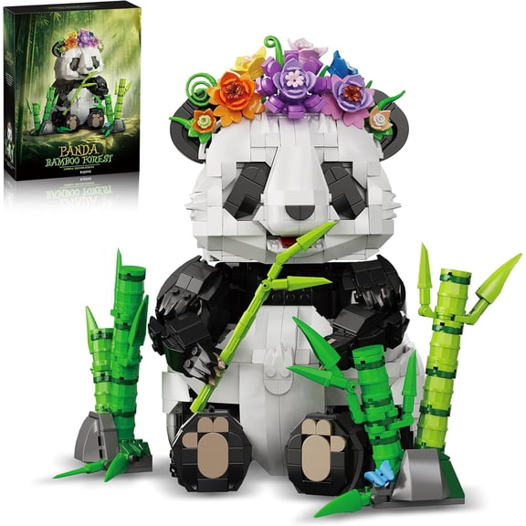 Panda Building Set with Flowers & Bamboo for Adults, Compatible with Lego Wild Animals Movable Arms and Head Collectible Model Home Decor