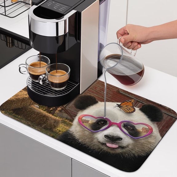 Panda Butterfly Dish Drying Mats for Kitchen Counter, Vintage Funny Farm Sunglasses Panda Butterfly Absorbent Coffee Bar Mat with Non-slip Rubber Backed Quick Drying Dish Rack Pad 12"x16"