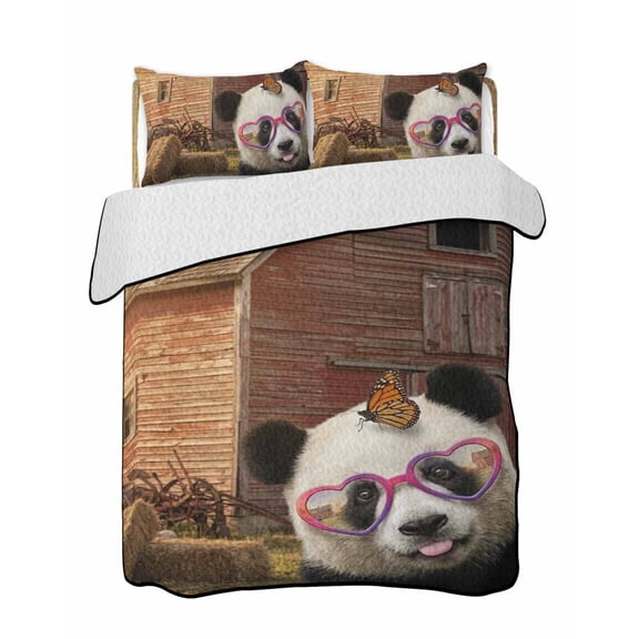 Panda Butterfly Quilts Bedding Set Twin Size Vintage Funny Farm Sunglasses Panda Butterfly Lightweight Quilted Bedspread 3 Piece Bed Quilt with 2 Pillow Shams All Season for Bedroom 68" x 86"