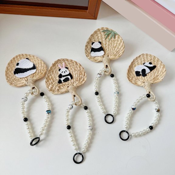 Panda Car Hanging Ornament Embroidery Panda Cattail Leaf Fan Decoration Mirror Hanging Car Interior Accessories for Car Rear View Mirror Hanging Accessories