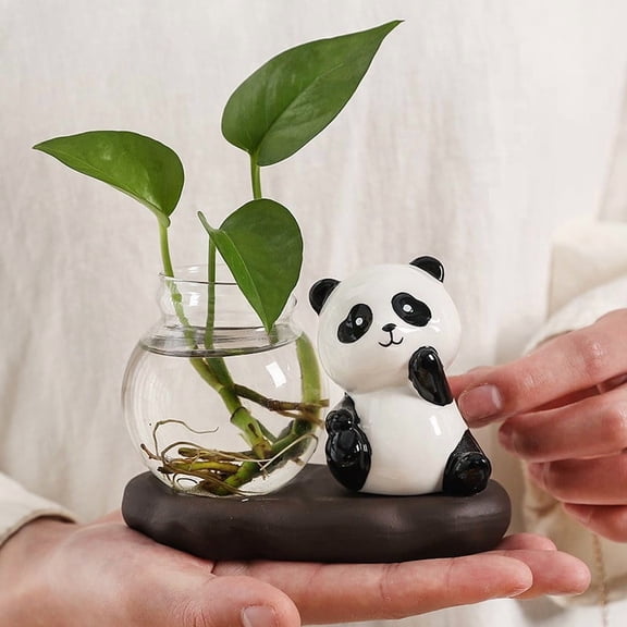 Panda Ceramic & Glass Hydroponic Vase Desktop Decor – Cute Figurine, Clear Glass Bulb – For Desk & Home Accents – Portable Size