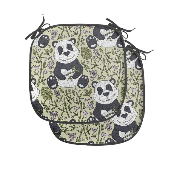 Panda Chair Seating Cushion Set of 4, Little Smiling Animals Repetitive Motif Botany Bamboo Leaves Pattern, Seat Pads for Office with Anti-slip Backing, 16"x16", Pale Khaki Slate Blue, by Ambesonne