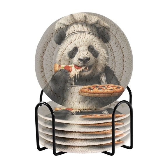 Panda Chef Hold Pizza Coasters with Holder for Coffee Table 6 Pcs Drink Coaster Sets Absorbent for Home Decor 4 inch