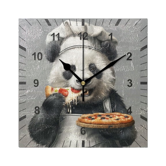 Panda Chef Hold Pizza Wall Clock Battery Operated Silent Non-Ticking Bedroom Office Kitchen Home School Decor 7.8"(Black)