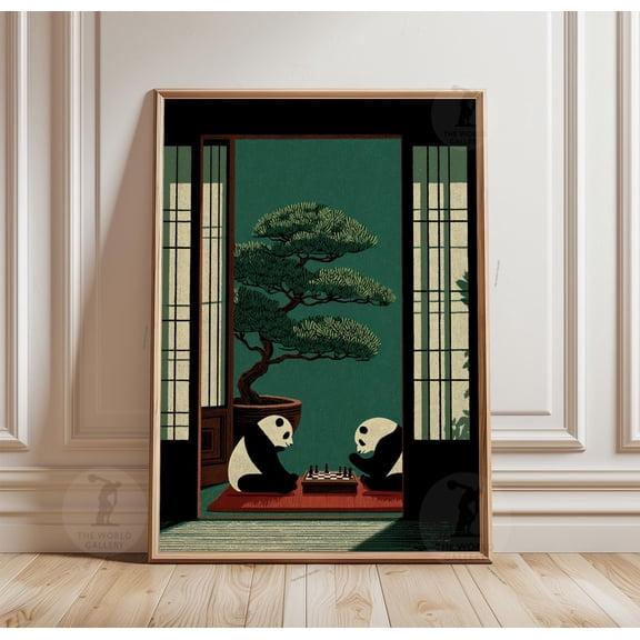 Panda Chess Poster Japanese Minimal Animal Print Calm Zen Wall Ar