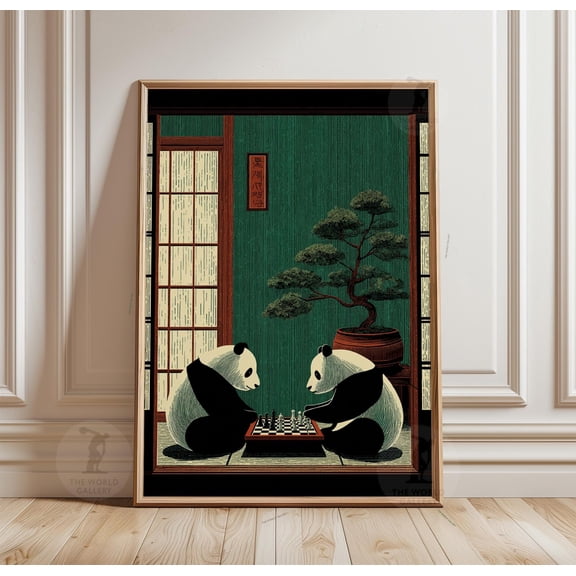 Panda Chess Poster Japanese Room Print Minimal Animal Wall Art Zen Interior Design