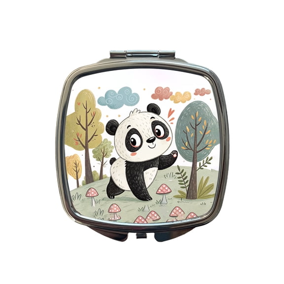 Panda Children's Illustration Style Travel Makeup Handbag Purse Small Pocket Compact Mirror