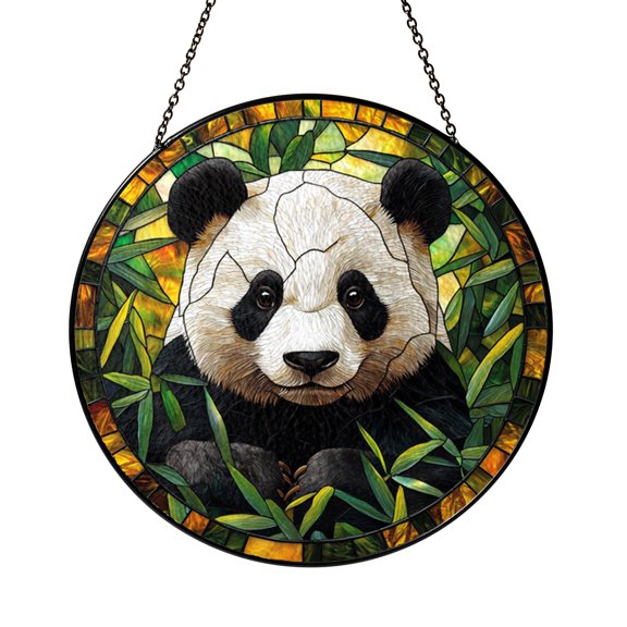 Panda Circular Window Panel with Stained Glass Effect, Decorative Wildlife Window Art
