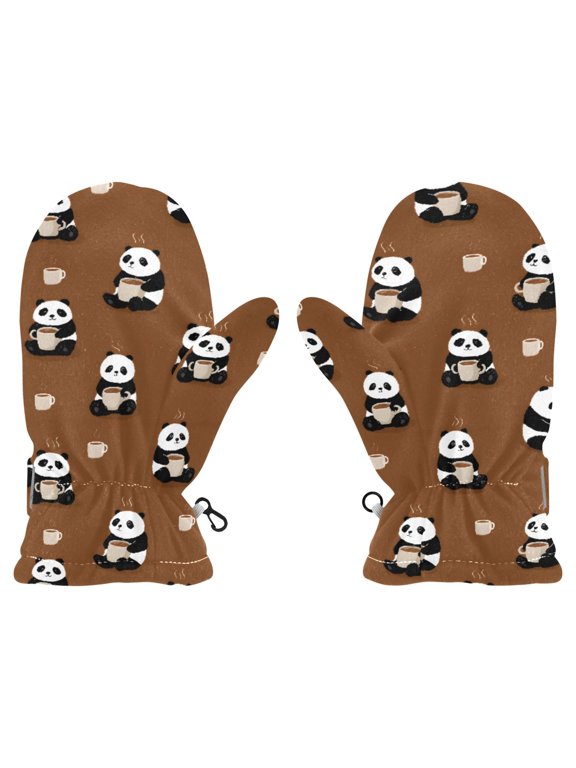 Panda Coffee Pattern Cold Weather Mittens Warm Thick Fleece Lined Adjustable Snow Outdoor Winter Small Ages 2-4