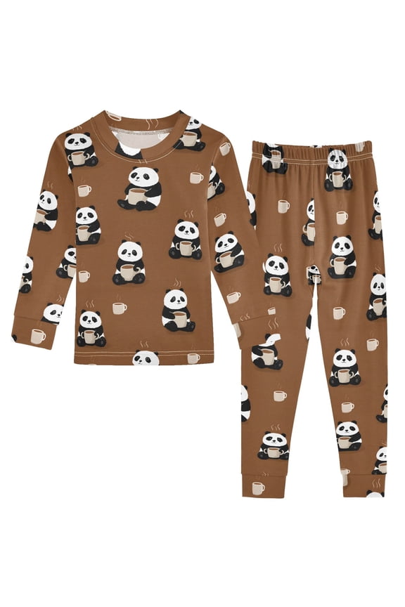 Panda Coffee Pattern Cotton Pajamas 2 Piece Set Sleepwear Soft and Comfortable Homewear Nightwear