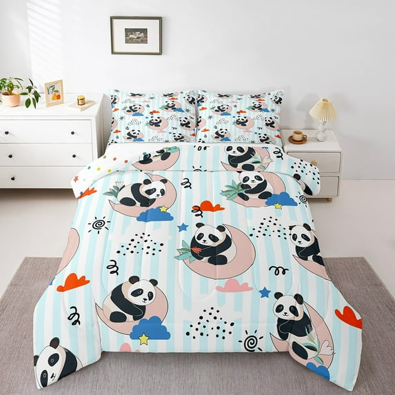 Panda Comforter Set Cartoon Animal King Bedding Set,Black and White Bear Quilt Cute Clouds Striped Duvet Insert Wildlife Kawaii Room Decor